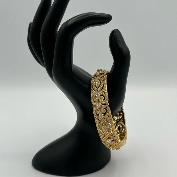 Authentic Nadri Gold-Tone Ornate Pave Crystal Filigree Hinged Cuff Bangle - Picture 3 of 8